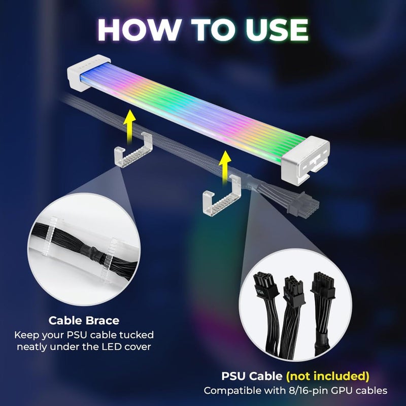 TECWARE Flex RGB Cable Cover Kit | Compatible with 24-Pin Motherboard and 8-Pin/16-Pin GPU | ARGB PSU Cable Extension with 5V 3-Pin Sync | RGB Lighting Kit for PC Cables | White - Image 3